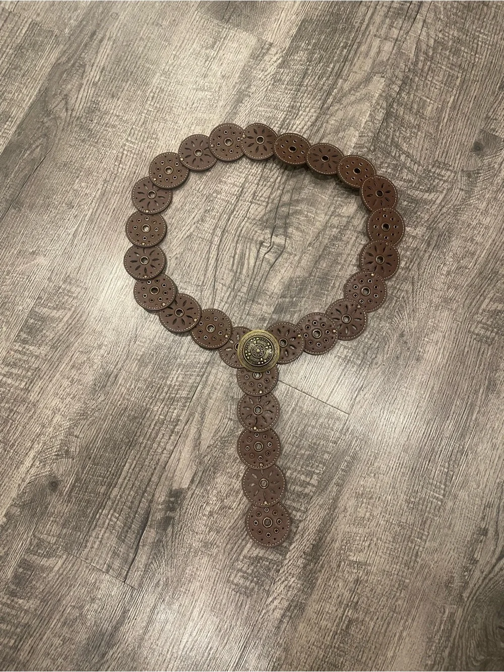 Brown Leather Disc Belt with Decorative Brass Medallion